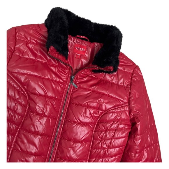 GUESS Red Designer Winter Puffer Parka Faux Fur Collar Jacket Coat Womens Small - Picture 5 of 6